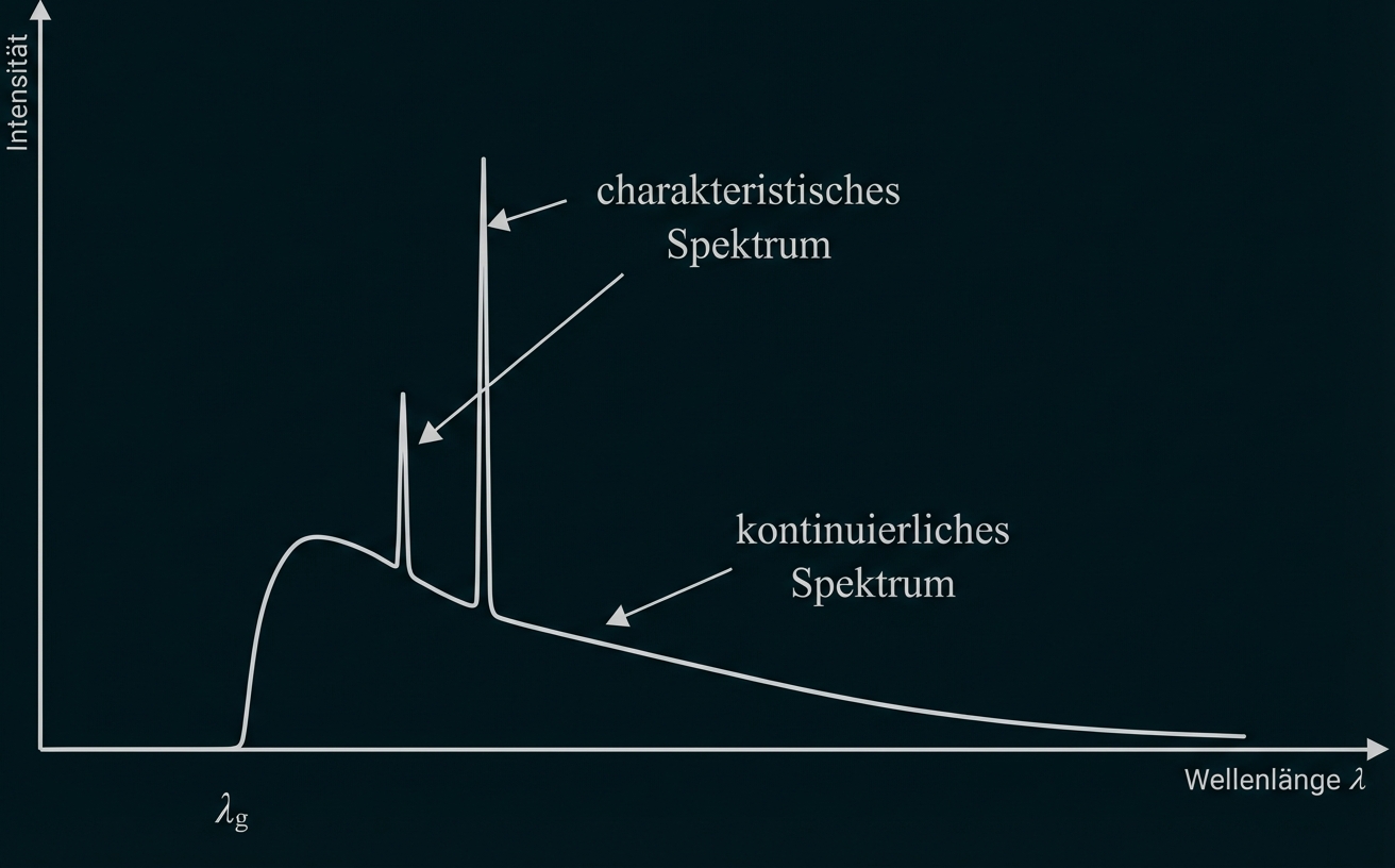 Diagramm: Intensität über Wellenlänge mit kontinuierlichem Spektrum und zwei charakteristischen scharfen Linien.