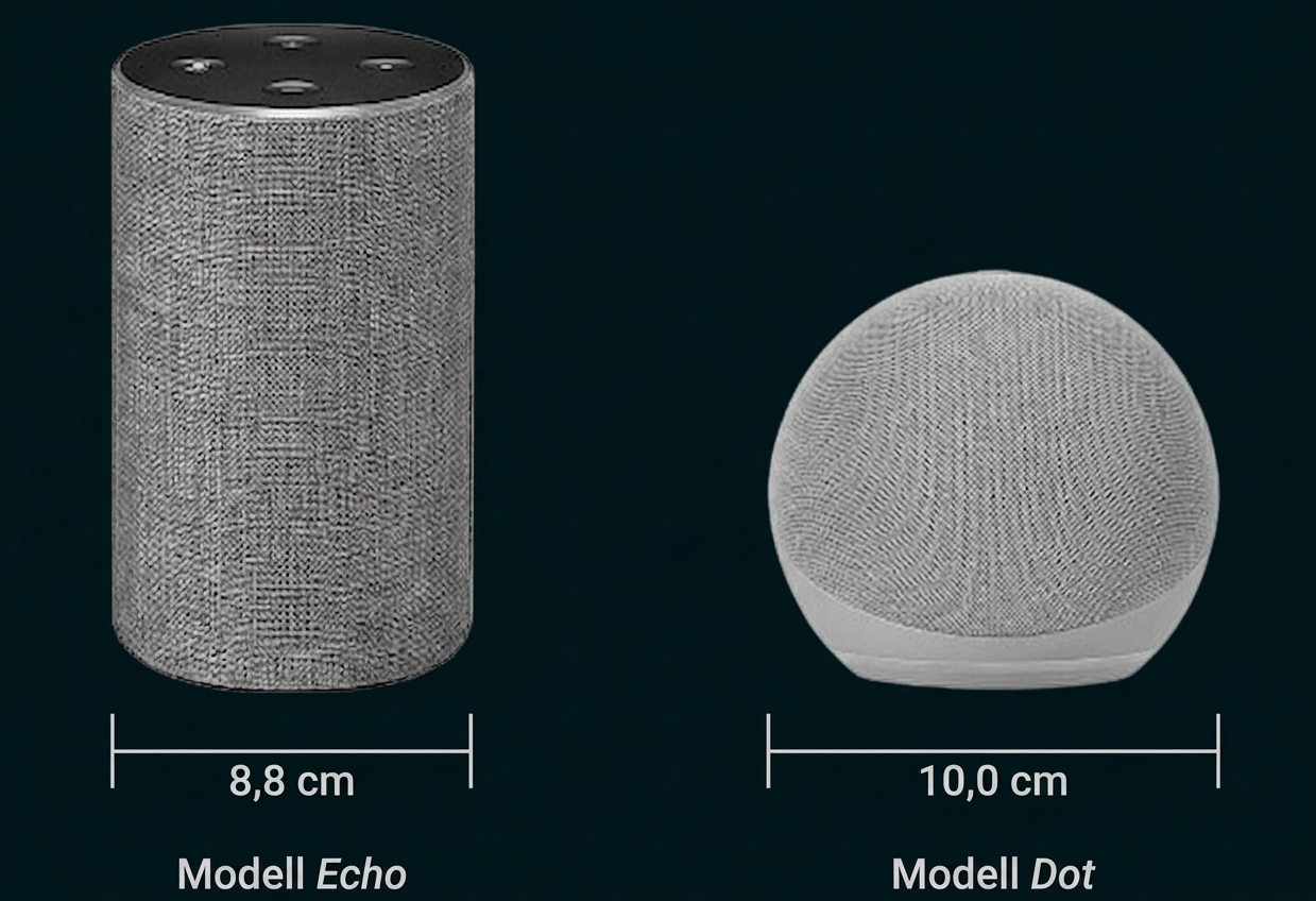 Zwei graue Smart-Lautsprecher nebeneinander: zylindrischer Echo (8,8 cm) und runder Dot (10,0 cm)