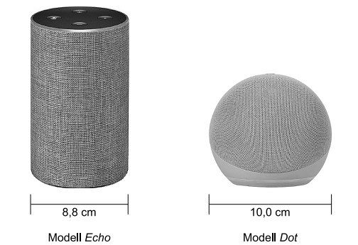 Zwei graue Smart-Lautsprecher nebeneinander: zylindrischer Echo (8,8 cm) und runder Dot (10,0 cm)