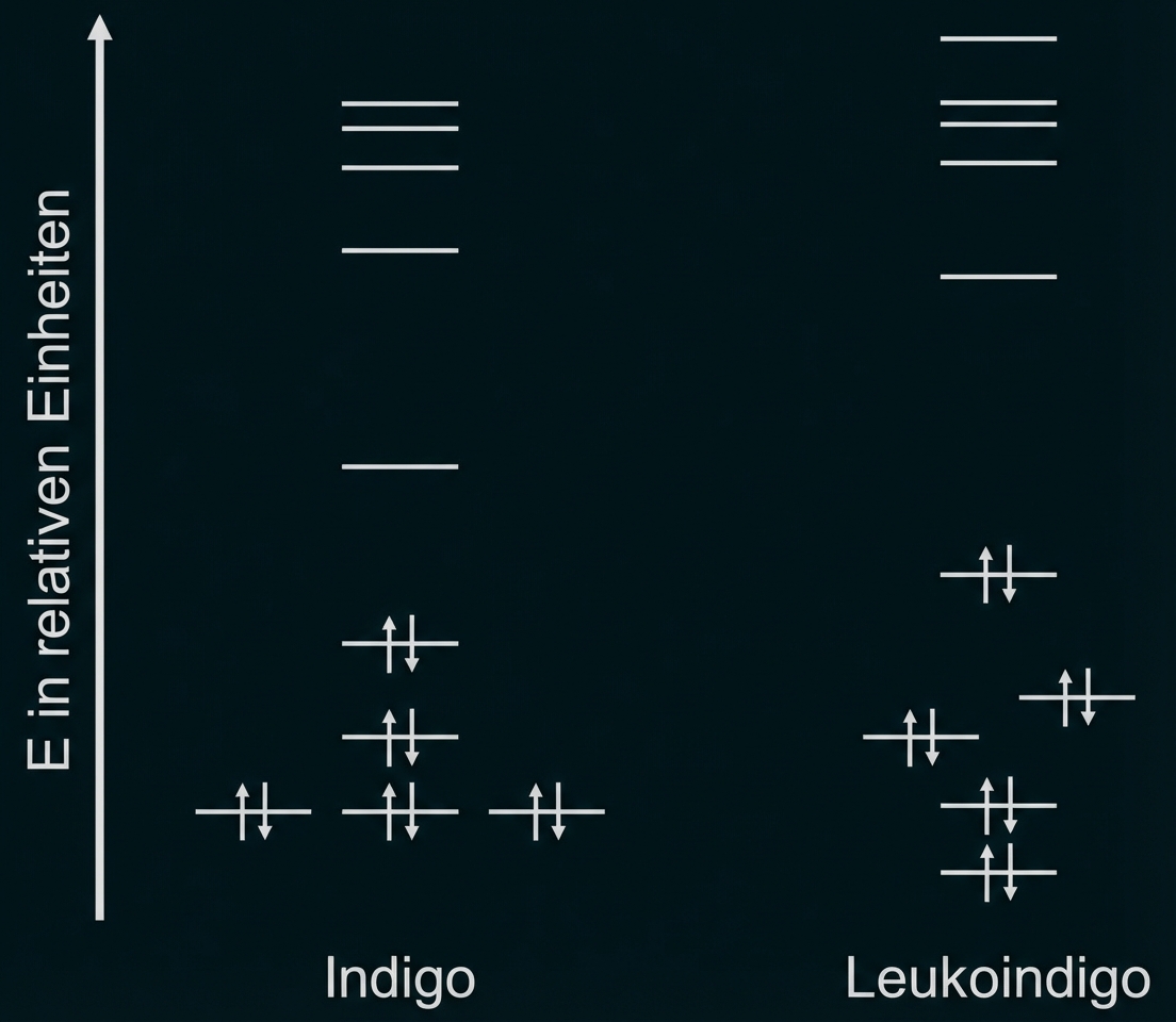 Schematische Energieniveaus von Indigo und Leukoindigo mit Orbitallinien und Elektronpfeilen, y‑Achse: E in relativen Einheiten.