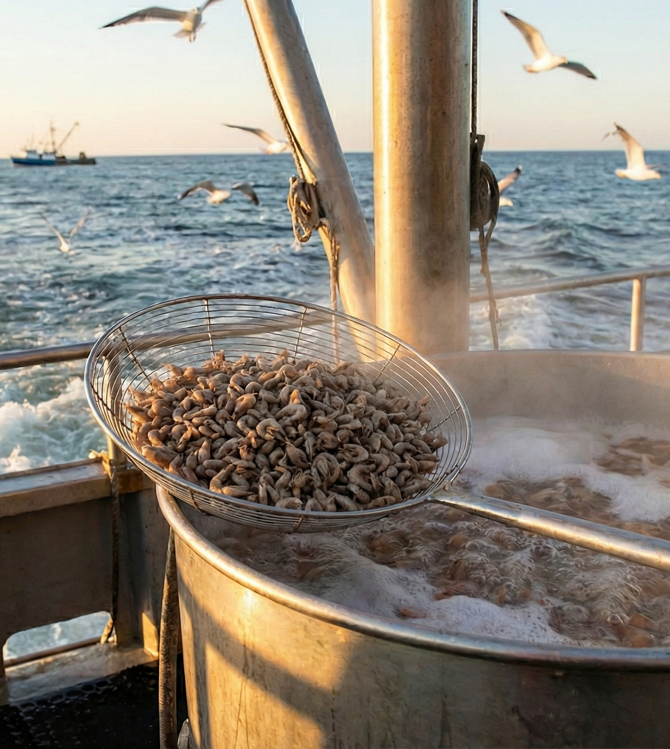 Körbchen mit Krabben über kochendem Topf auf einem Fischerboot, Meer und Möwen im Hintergrund