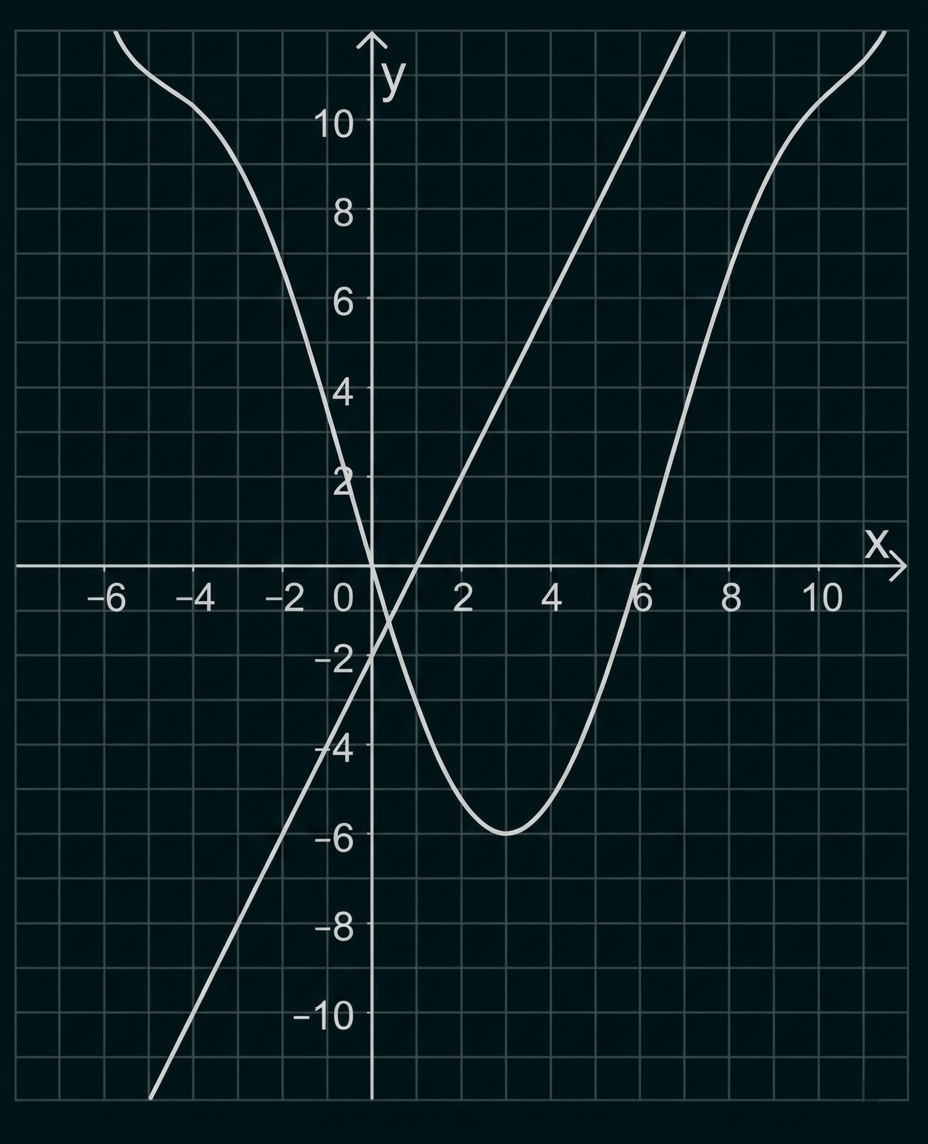 Gitter-Koordinatensystem mit x- und y-Achse und drei Graphen (lineare und gekrümmte Kurven)