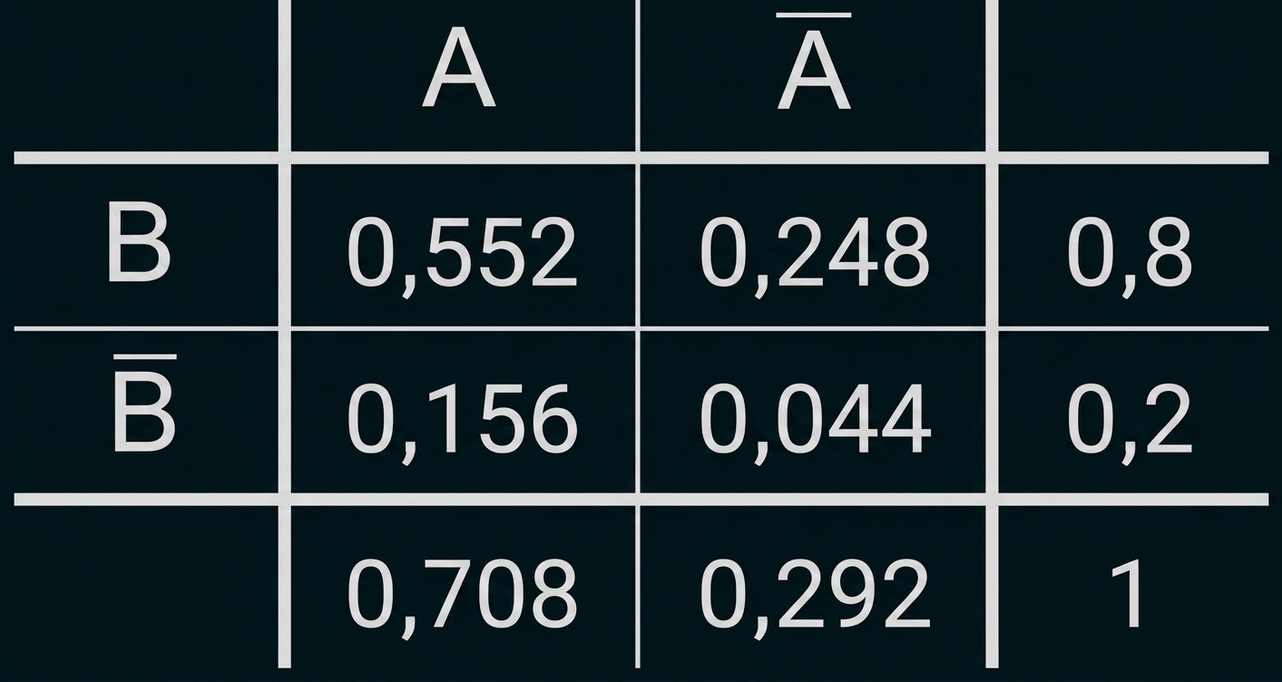 Tabelle mit Wahrscheinlichkeiten für A/Ā und B/Ḃ, Werte wie 0,552; 0,248; 0,8 usw.