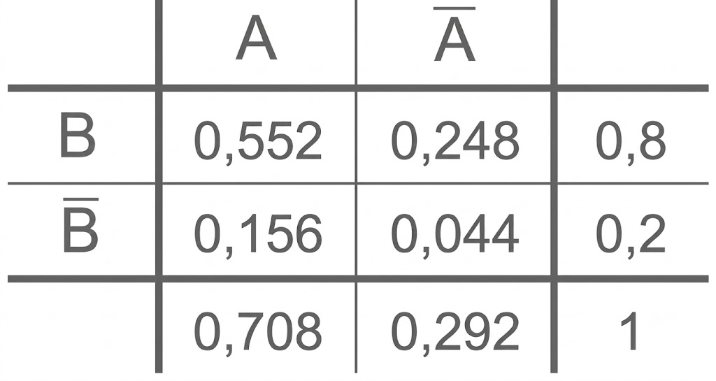 Tabelle mit Wahrscheinlichkeiten für A/Ā und B/Ḃ, Werte wie 0,552; 0,248; 0,8 usw.