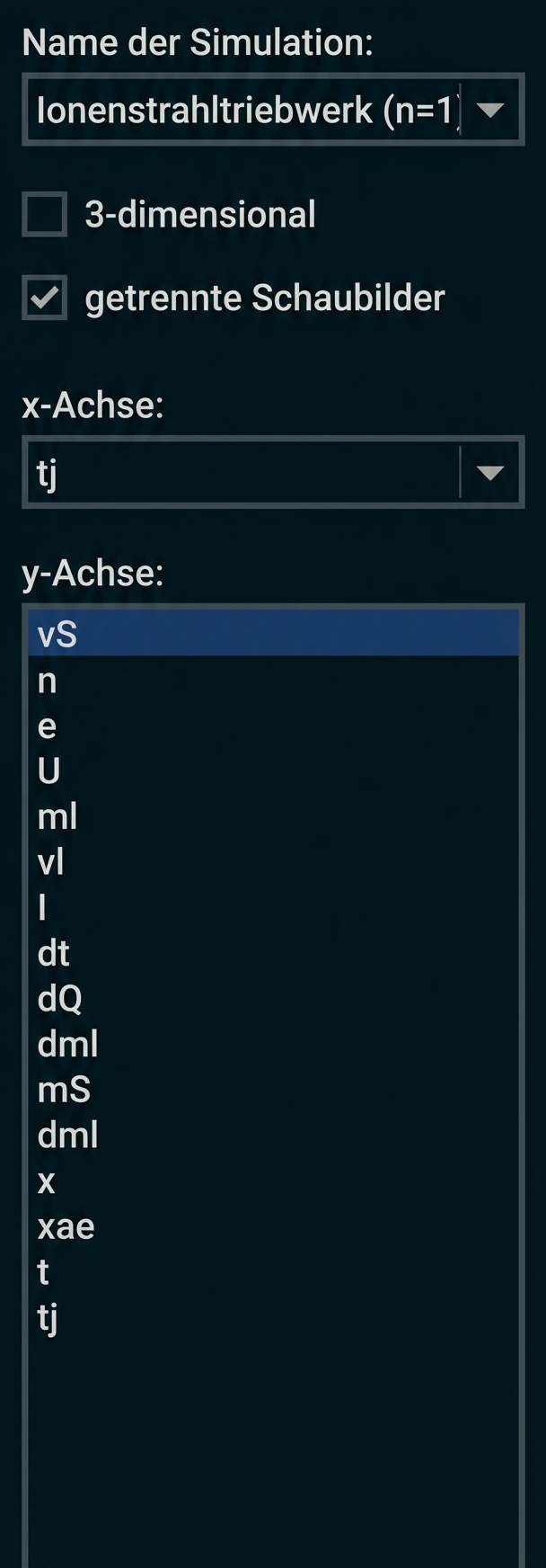 Einstellungsfenster einer Simulation: Ionenstrahltriebwerk, Checkboxen und Auswahlfelder für x-Achse und y-Achse.