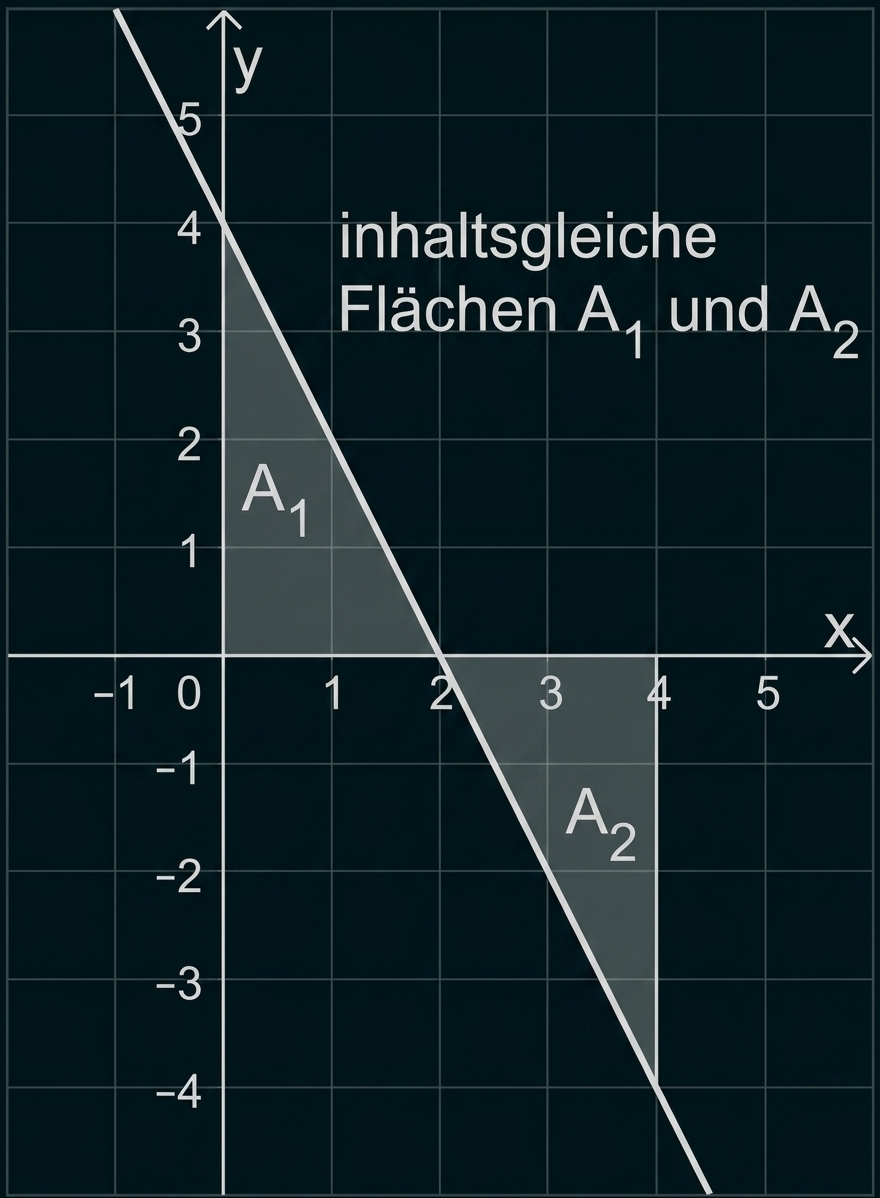 Koordinatensystem mit fallender Geraden und zwei schattierten Dreiecken A1 (links oben) und A2 (rechts unten)