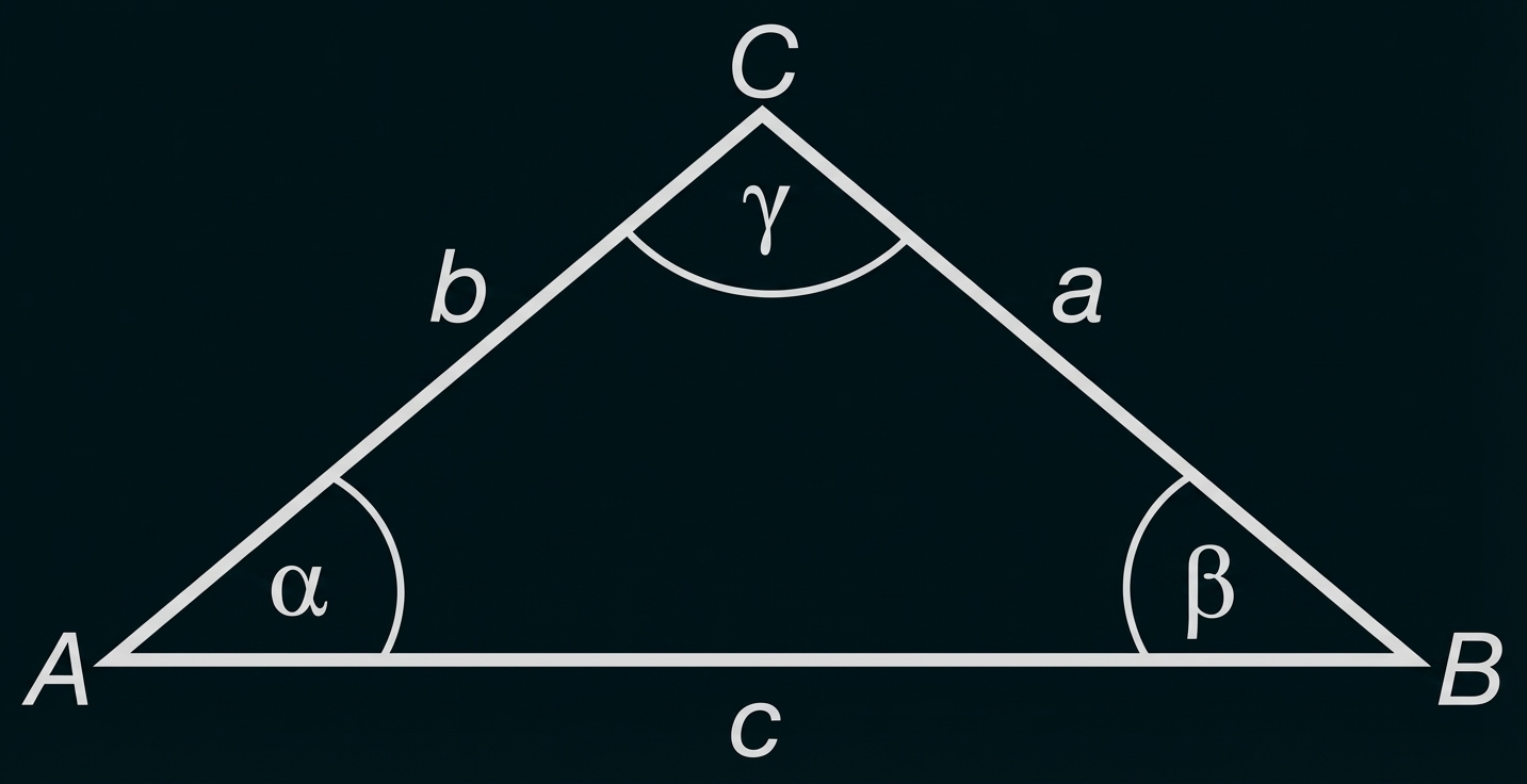 Dreieck ABC mit Seiten a, b, c und Winkeln α, β, γ.