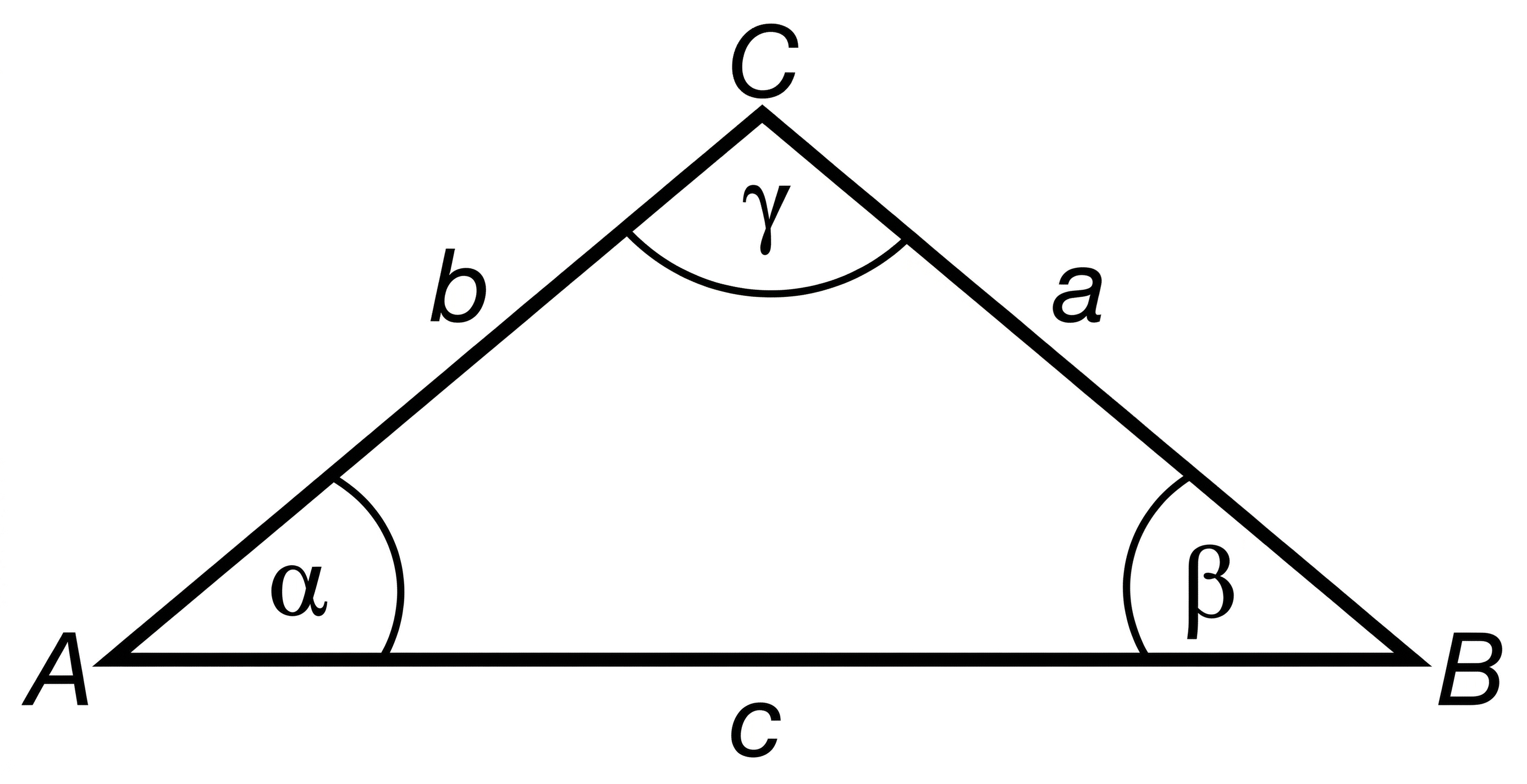 Dreieck ABC mit Seiten a, b, c und Winkeln α, β, γ.