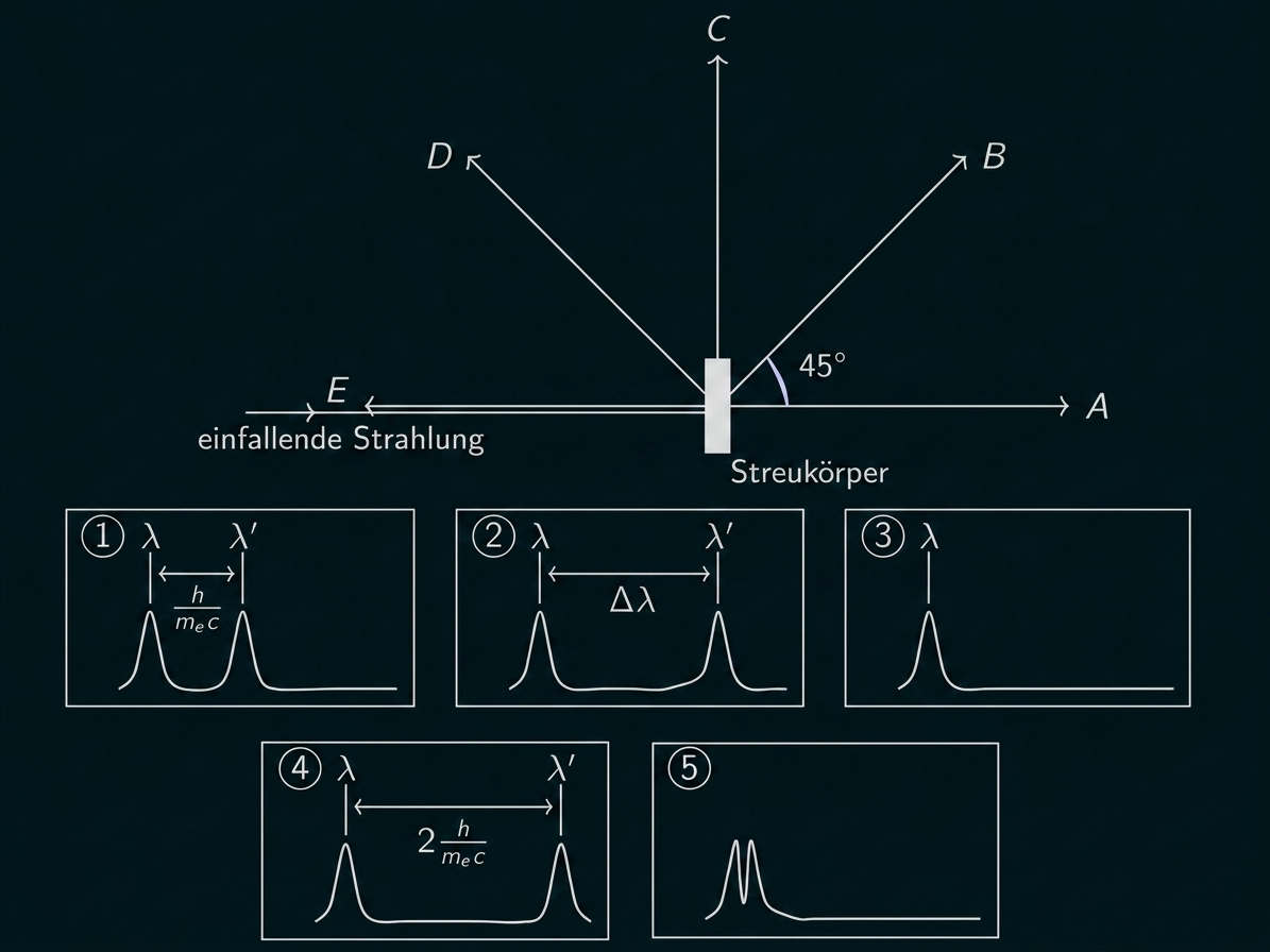 Schematische Darstellung der Compton-Streuung mit verschiedenen Spektren.