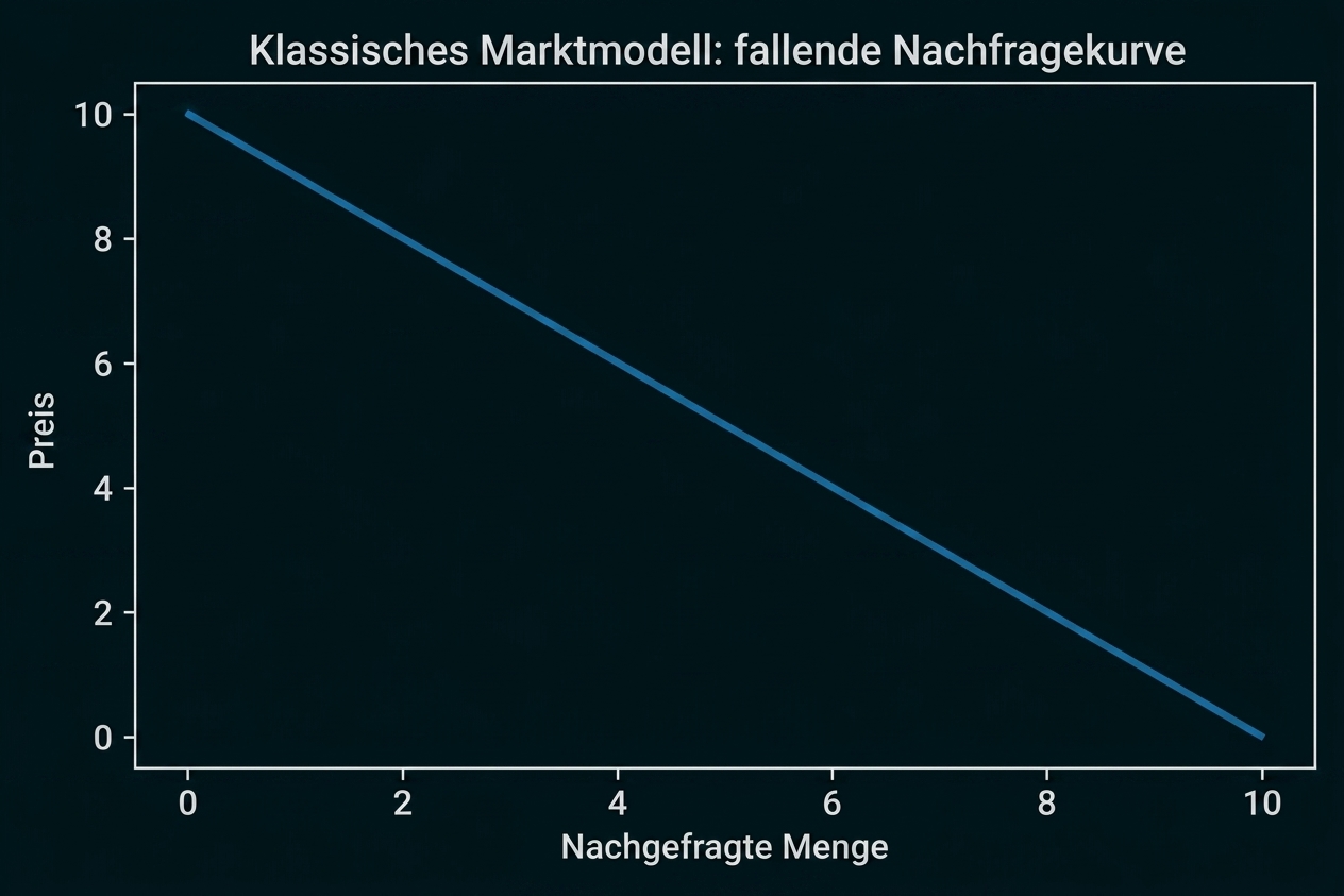 Diagramm einer fallenden Nachfragekurve im klassischen Marktmodell.