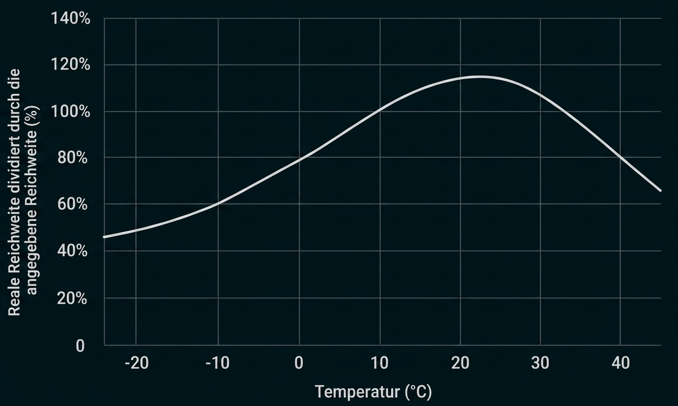 Liniendiagramm: Temperatur (°C) vs. reale Reichweite (%) — steigt bis ~20°C, danach wieder sinkend.