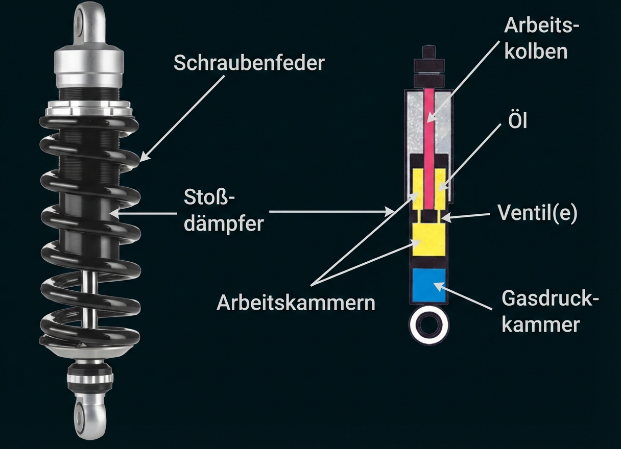 Stoßdämpfer mit Schraubenfeder und schematischer Schnittzeichnung (Arbeitskolben, Öl-, Ventil- und Gasdruckkammer)