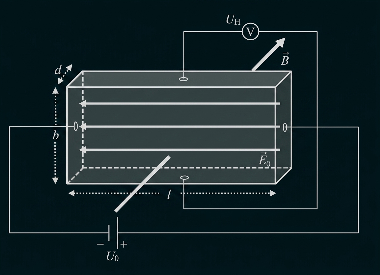 Schematisches Diagramm eines rechteckigen Blocks mit elektrischen und magnetischen Feldern, Anschlüssen, Messgerät und Batterie.