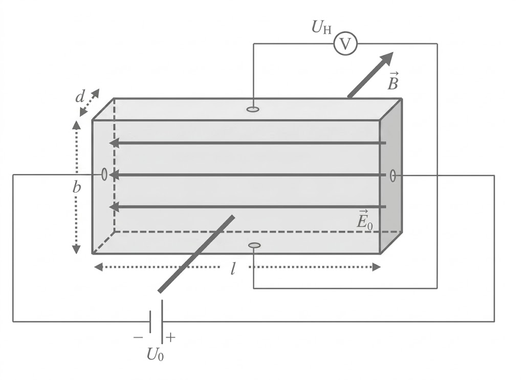 Schematisches Diagramm eines rechteckigen Blocks mit elektrischen und magnetischen Feldern, Anschlüssen, Messgerät und Batterie.