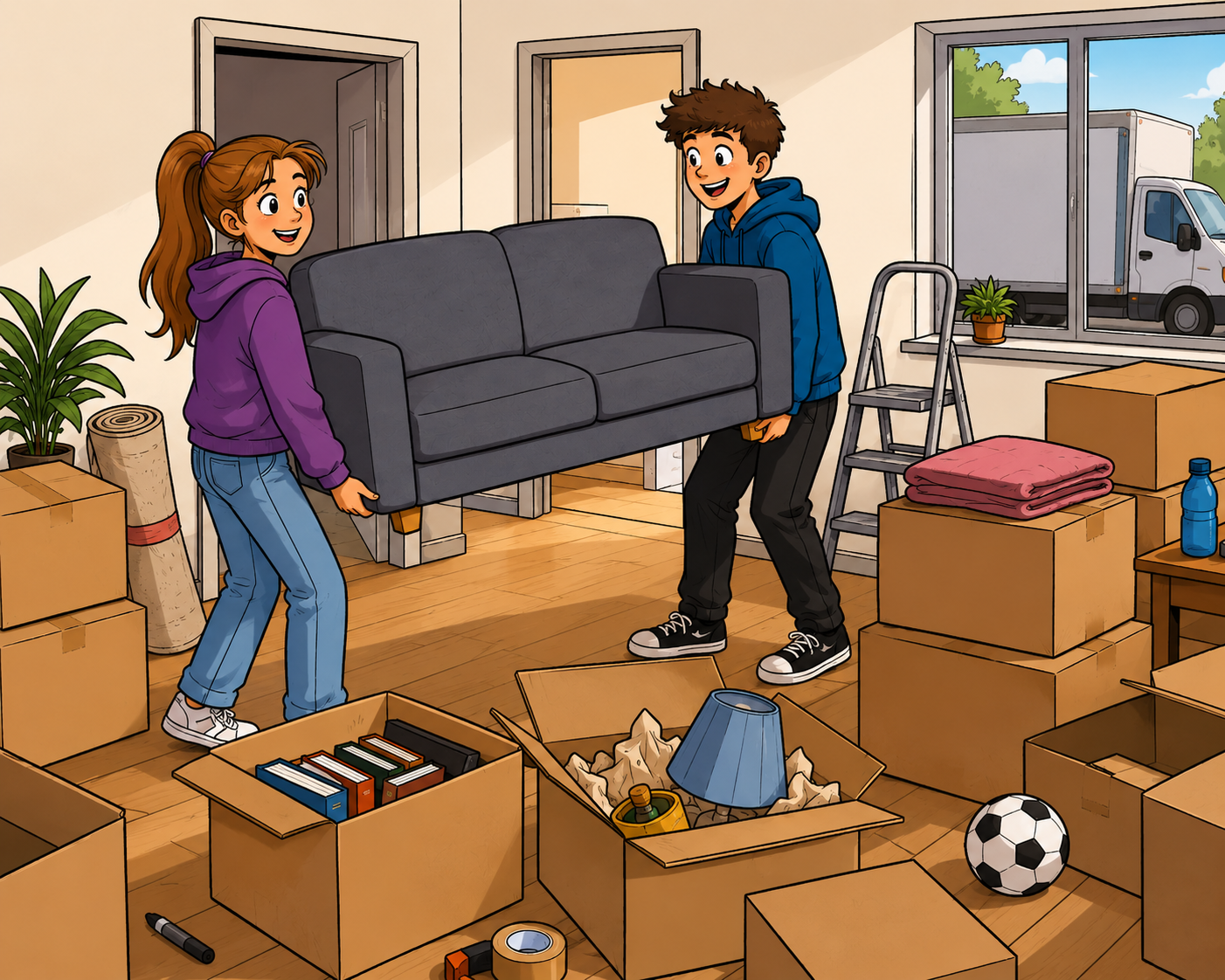 Zwei Jugendliche tragen ein Sofa durch ein Zimmer voller Umzugskartons und Möbel