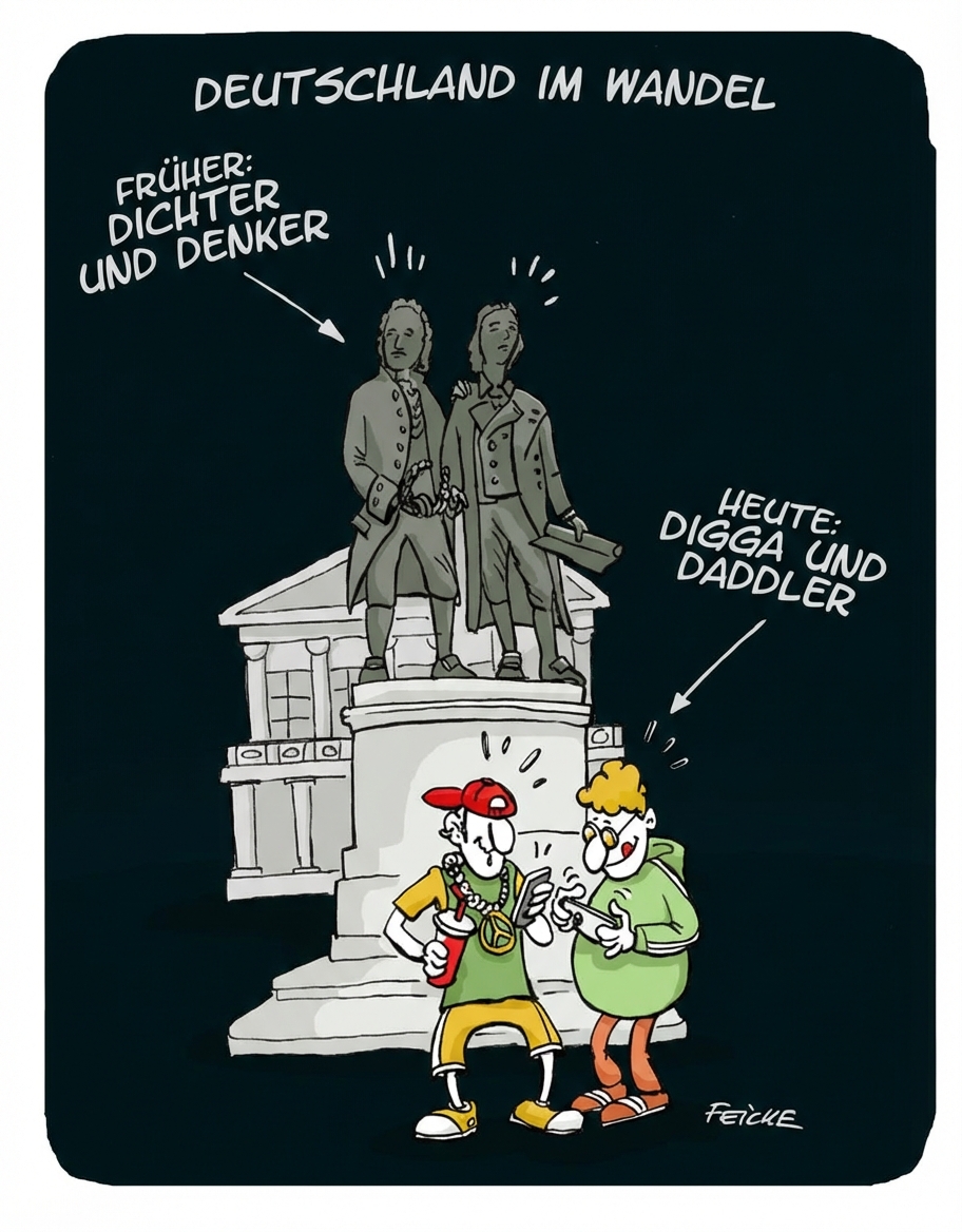 Karikatur: Denkmal mit zwei historischen Statuen, davor zwei Jugendliche in Streetwear mit Handy und Getränk, Überschrift 'Deutschland im Wandel'