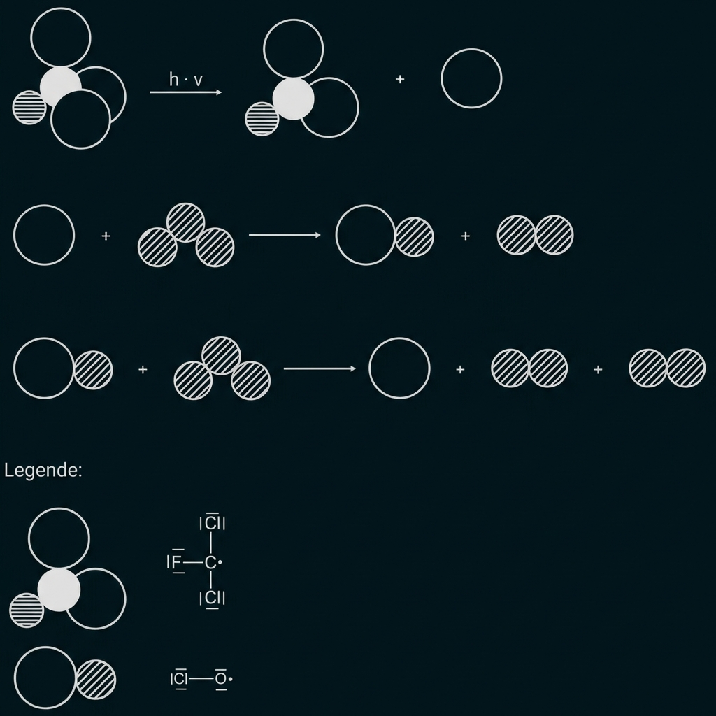 Schematische Darstellung radikalischer Reaktionen mit Kreissymbolen, Pfeilen und Legende für Radikale beim Abbau von Ozon durch Trichlorfluormethan