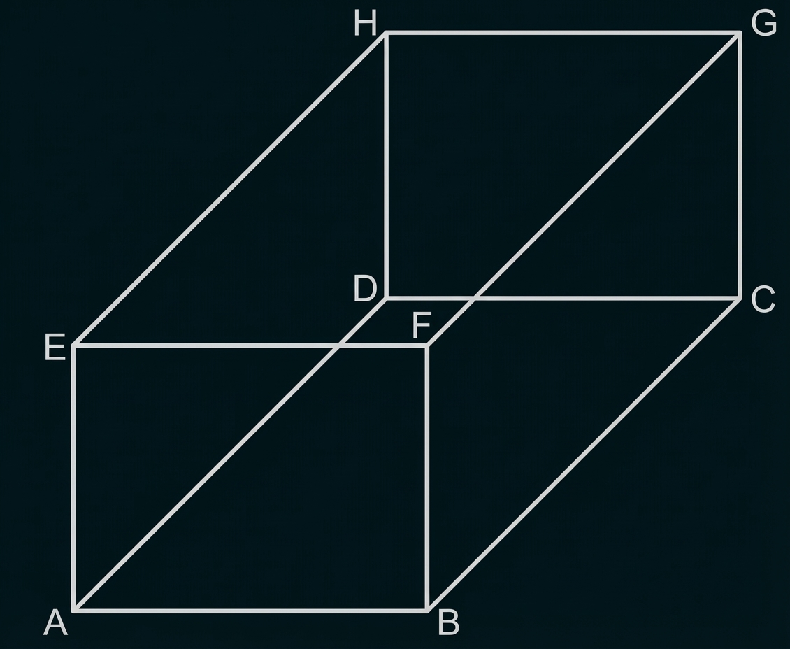 Skizze zweier verbundener Würfel in 3D mit beschrifteten Eckpunkten und Diagonalen