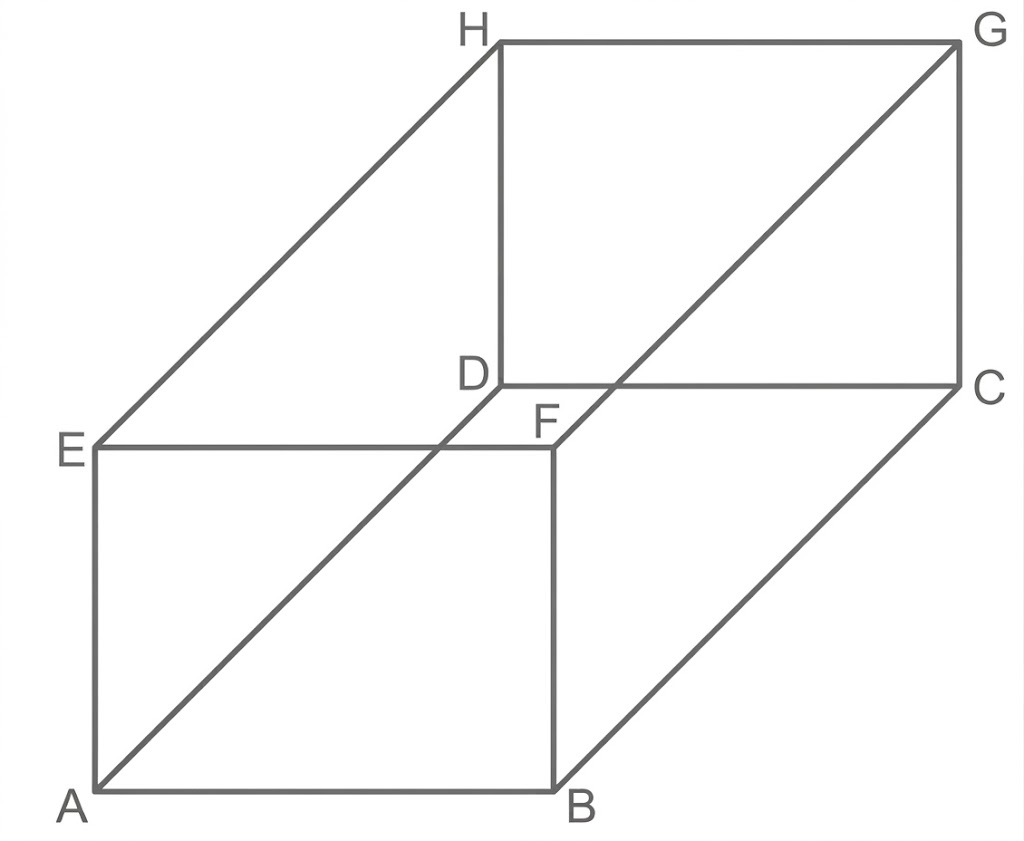 Skizze zweier verbundener Würfel in 3D mit beschrifteten Eckpunkten und Diagonalen