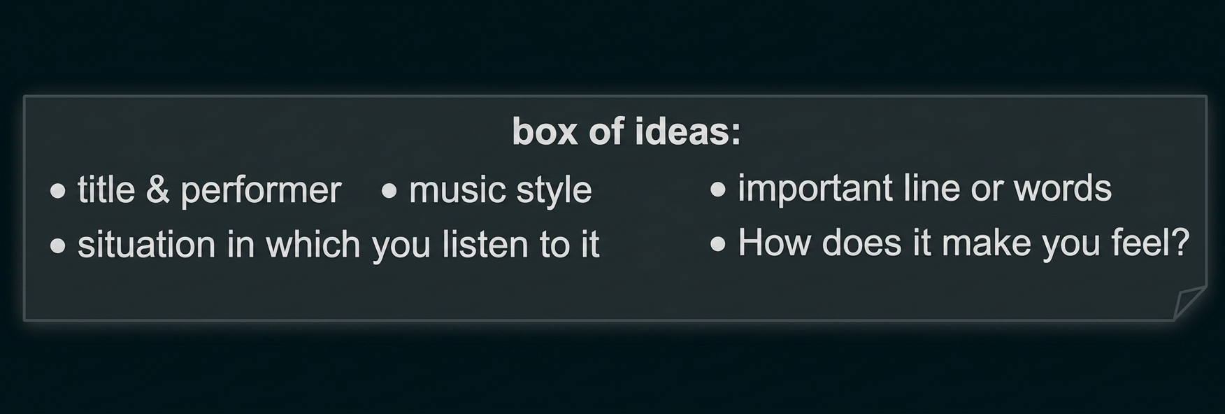 Gelbe Notiz mit Stichpunkten zu Musik: Titel, Stil, Situation, wichtige Worte, Gefühl