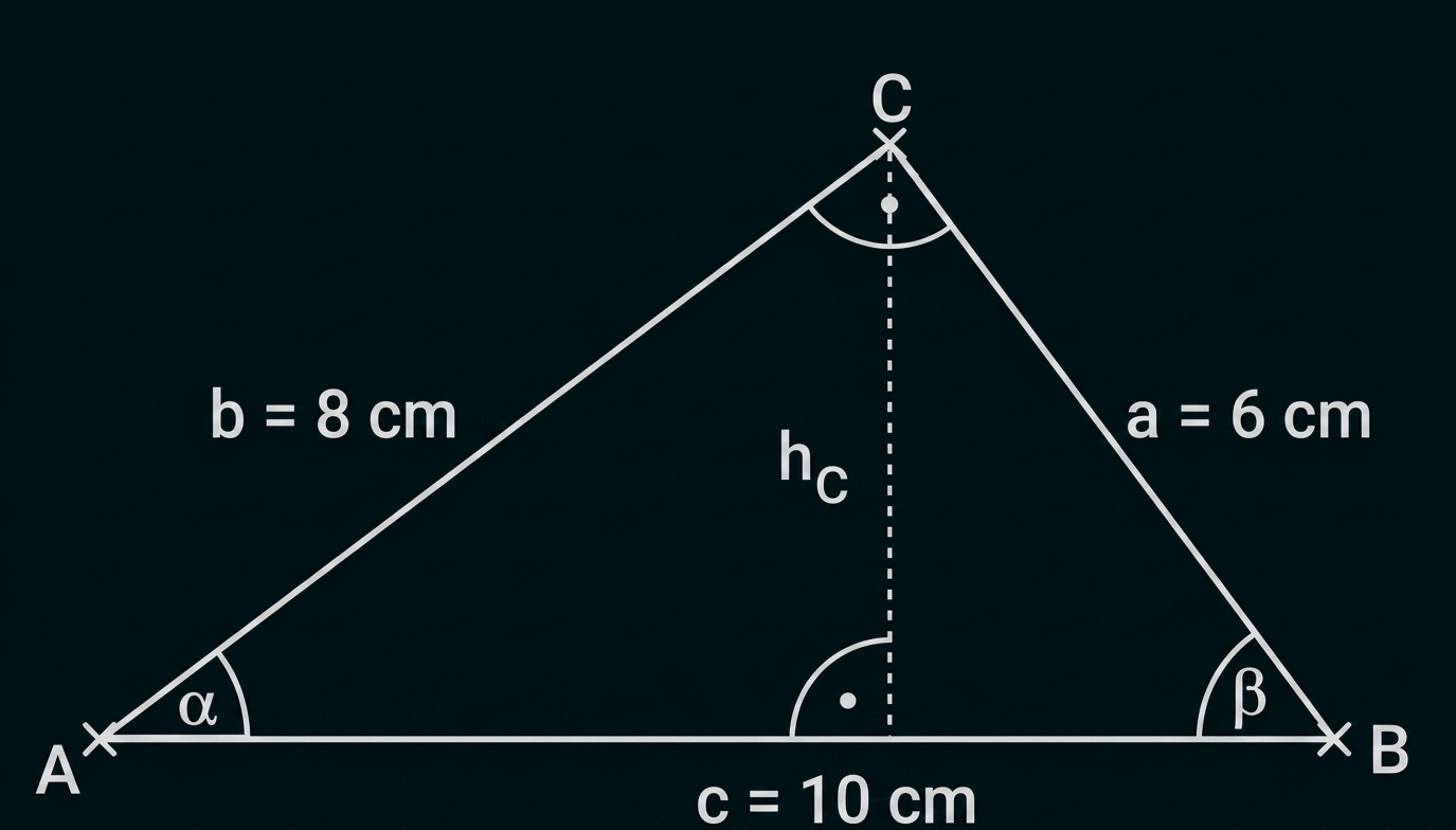 Dreieck ABC, Basis c=10 cm, Seiten b=8 cm, a=6 cm, Höhe h_c von C auf AB, Winkel α bei A, β bei B.