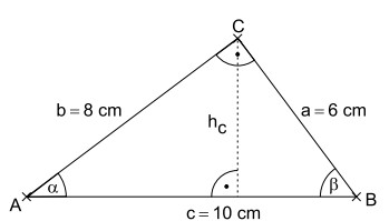 Dreieck ABC, Basis c=10 cm, Seiten b=8 cm, a=6 cm, Höhe h_c von C auf AB, Winkel α bei A, β bei B.