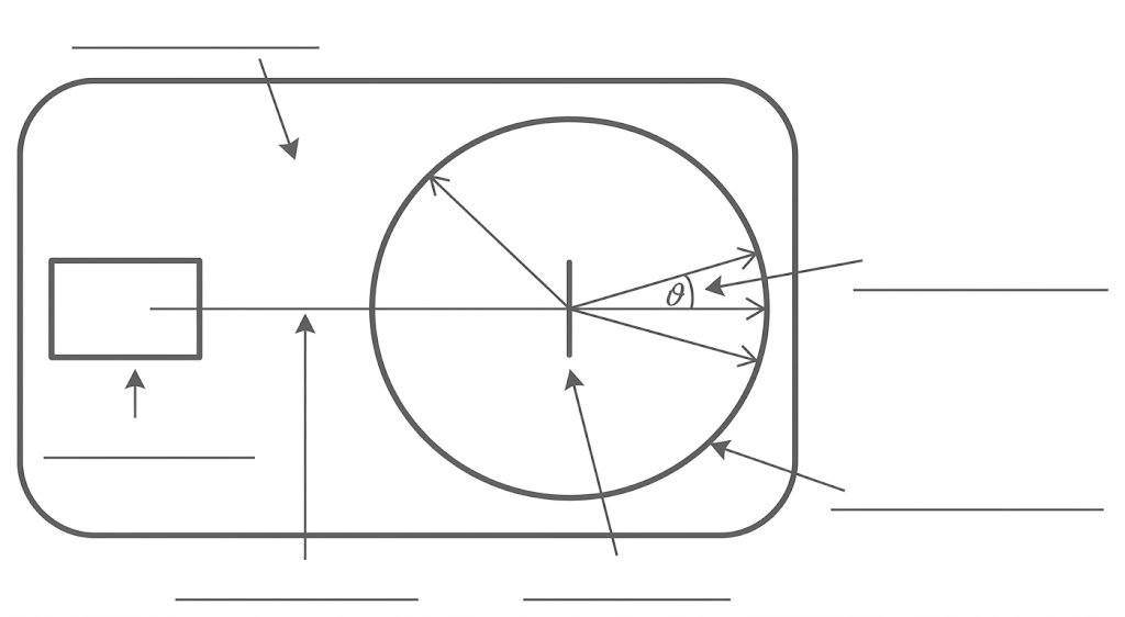 Schematische Zeichnung eines abgerundeten Rechtecks mit großem Kreis, Radialen, Winkel θ, Pfeilen und leeren Beschriftungsfeldern.