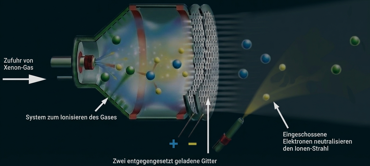 Schematische Darstellung eines Xenon-Ionentriebwerks: Gaszufuhr, Ionisierung, geladene Gitter und ausströmender Ionenstrahl