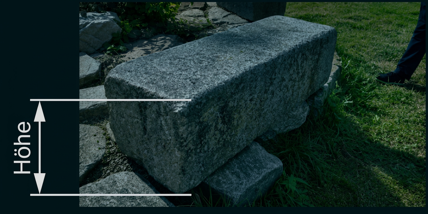 Großer Steinblock mit eingezeichneter Höhenmessung in einem Garten.