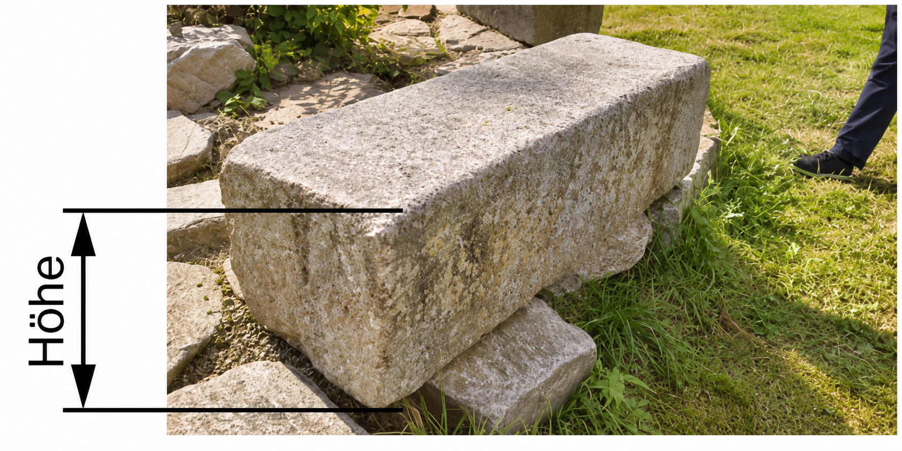 Großer Steinblock mit eingezeichneter Höhenmessung in einem Garten.