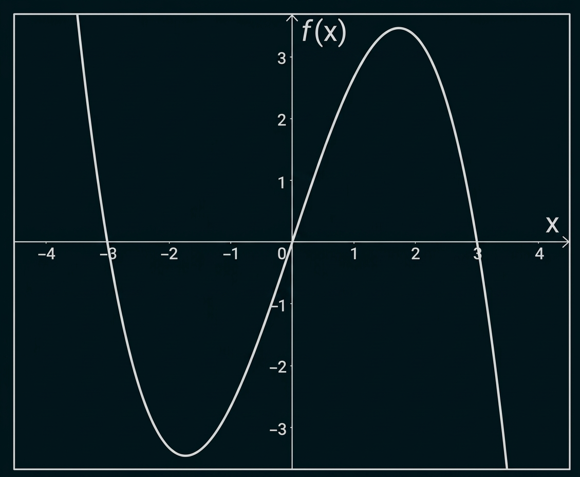 Koordinatensystem mit dem Graphen einer Funktion, der die x-Achse bei −3, 0 und 3 schneidet.