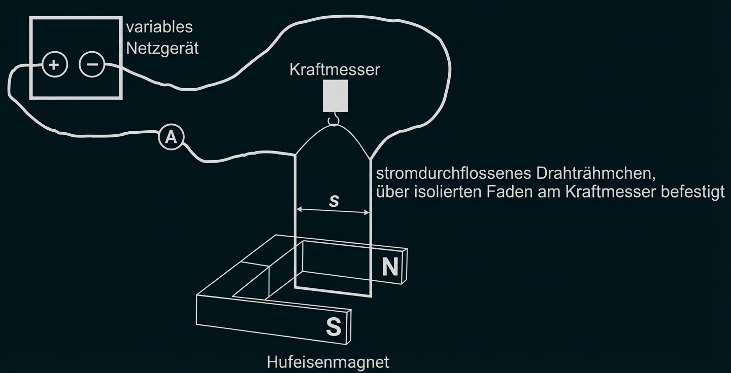 Drahtrahmen hängt am Kraftmesser über Hufeisenmagnet, verbunden mit Stromquelle und Amperemeter