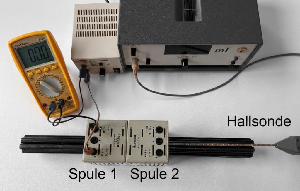 Laborexperiment: Multimeter und Netzgerät verbunden mit zwei Spulen und Hallsonde auf grauem Tisch.