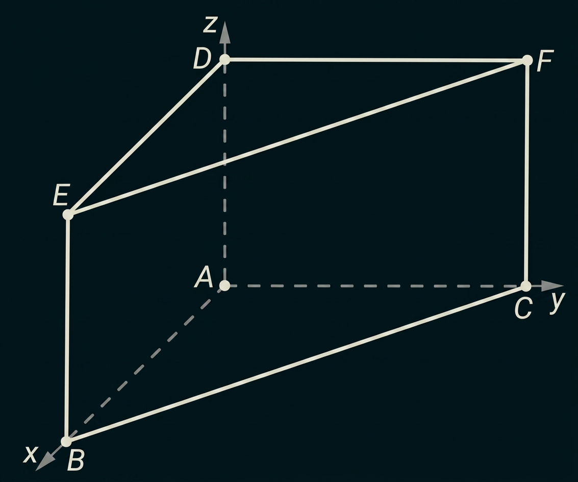Schräg dargestellter Quader ABCDEF mit eingezeichneten Raumdiagonalen und Koordinatenachsen x, y und z.