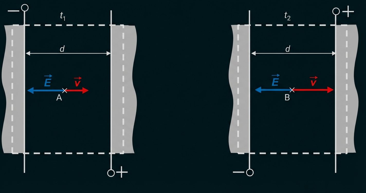 Zwei schematische Platten mit E-Pfeil (blau links), v-Pfeil (rot rechts), Abstand d, Punkte A und B.