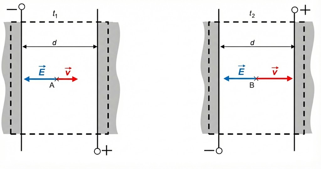 Zwei schematische Platten mit E-Pfeil (blau links), v-Pfeil (rot rechts), Abstand d, Punkte A und B.
