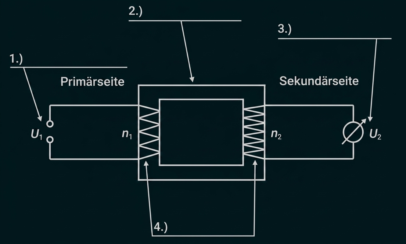 Schematische Skizze eines Transformators mit Primär- und Sekundärseite, Wicklungen, Beschriftungen U1/U2 und Eisenkern.