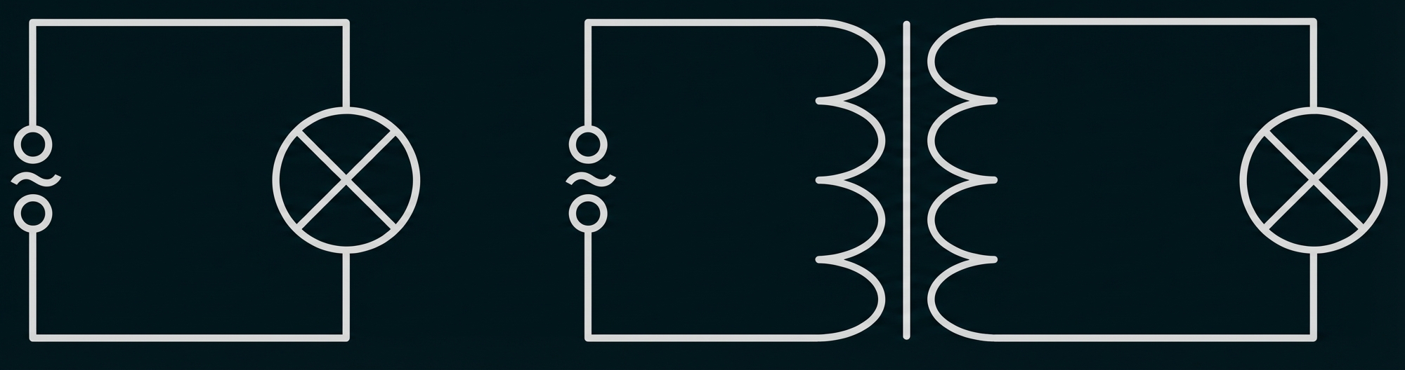 Drei schematische Schaltpläne: Lampe im Stromkreis, Spulenanordnung und Transformator mit Lampe.