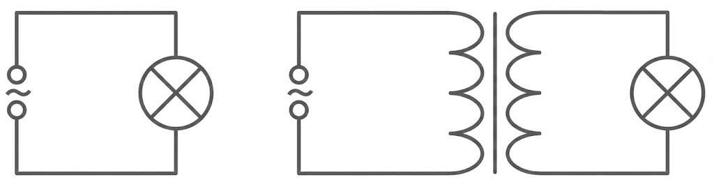 Drei schematische Schaltpläne: Lampe im Stromkreis, Spulenanordnung und Transformator mit Lampe.