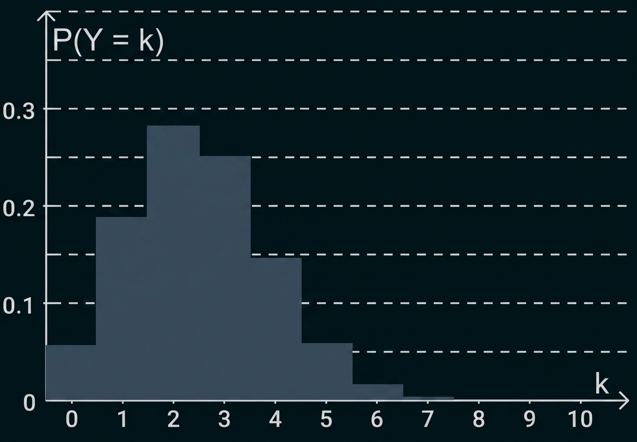 Balkendiagramm einer Wahrscheinlichkeitsverteilung P(Y = k) mit höchsten Werten bei k = 2 und 3.