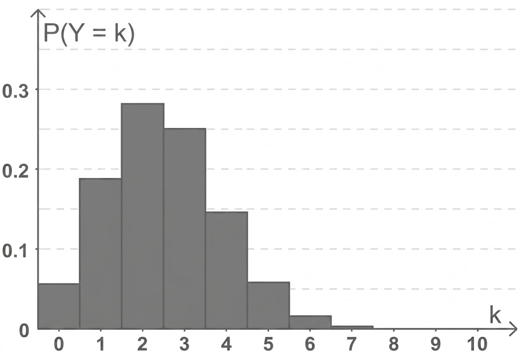 Balkendiagramm einer Wahrscheinlichkeitsverteilung P(Y = k) mit höchsten Werten bei k = 2 und 3.