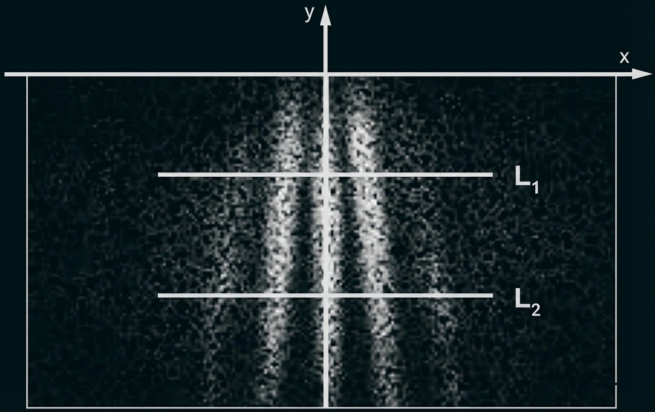 Grau gesprenkelte Punktwolke in Koordinatensystem mit x- und y-Achse, zwei markierten Horizontallinien L1 und L2.