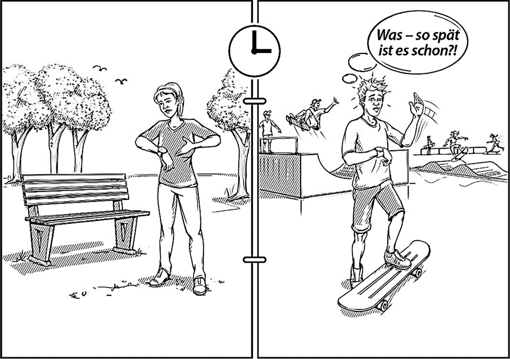 Zweiseitiges Bild: links Frau schaut auf Uhr im Park neben Bank; rechts Jugendlicher auf Skateboard im Skatepark.