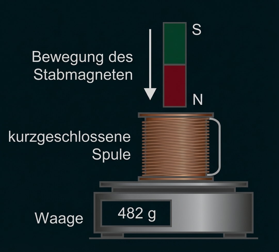 Kurzgeschlossene Spule auf Waage (482 g) mit herabbewegtem Stabmagneten