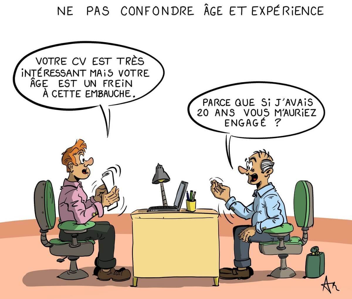 Cartoon: Bewerbungsgespräch zwischen jungem Personaler und älterem Bewerber, Thema Alter vs. Erfahrung.