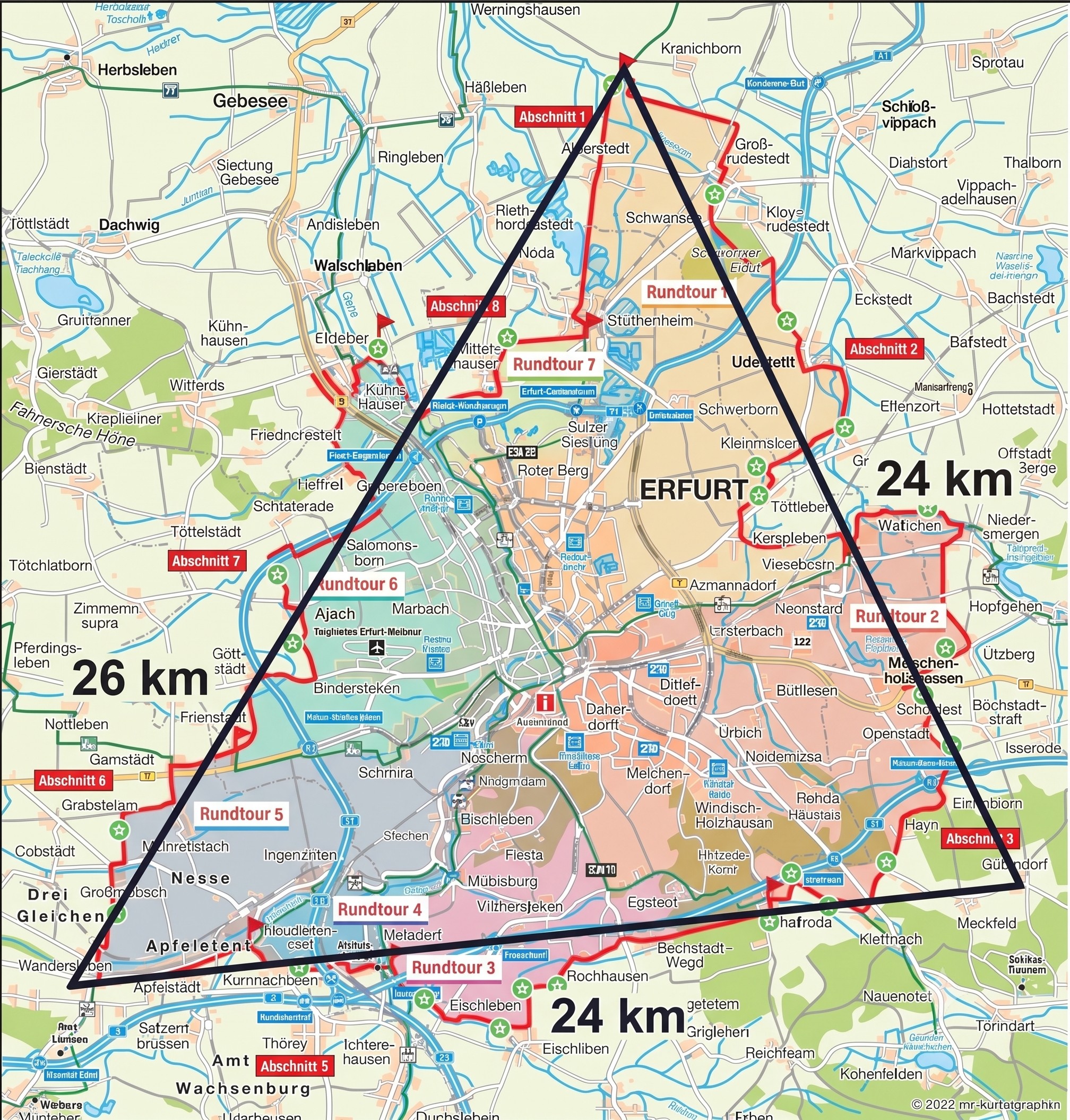 Karte mit einer dreieckigen Route um Erfurt und markierten Streckenabschnitten.