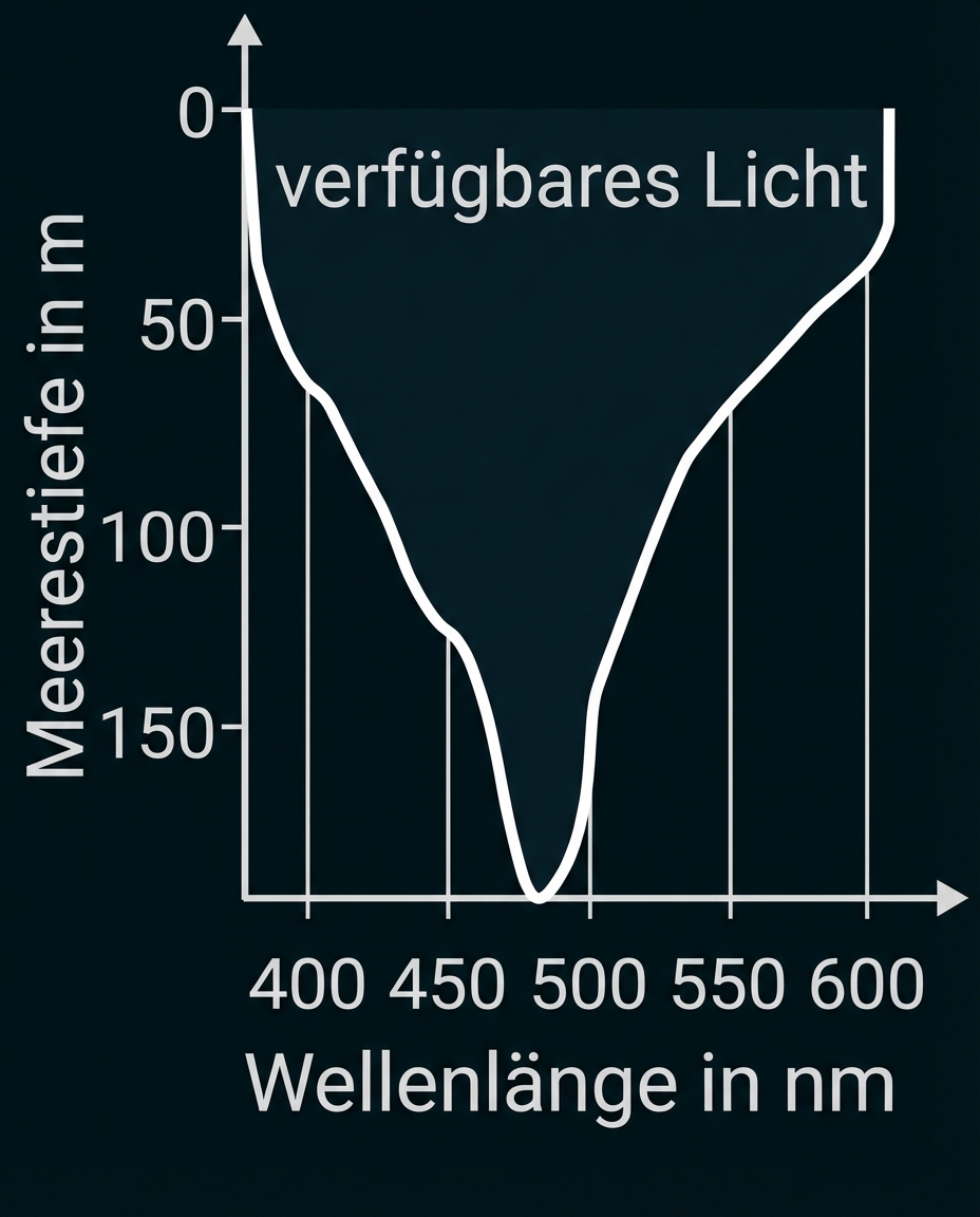Diagramm: verfügbares Licht nach Wellenlänge (400–600 nm) und Meerestiefe, Tiefpunkt bei ~500 nm.
