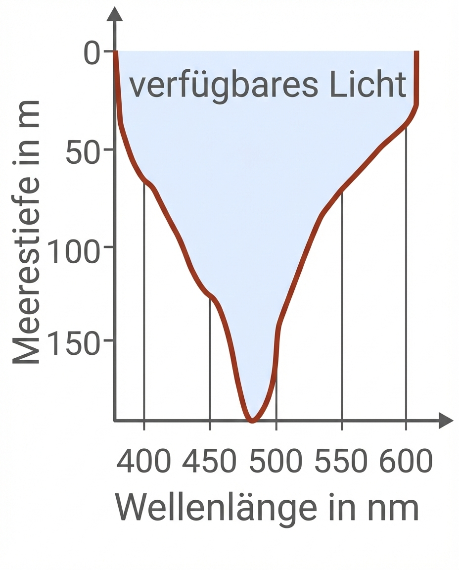 Diagramm: verfügbares Licht nach Wellenlänge (400–600 nm) und Meerestiefe, Tiefpunkt bei ~500 nm.