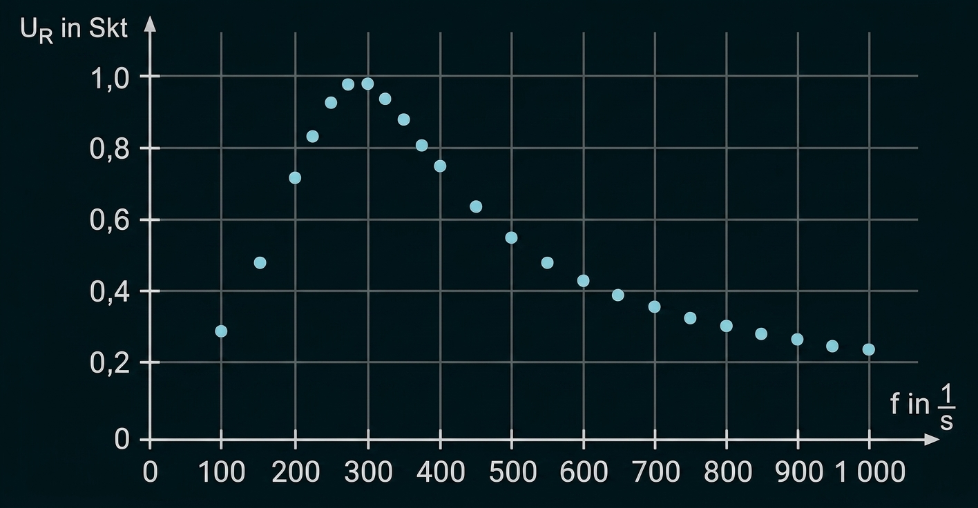 Streudiagramm von UR (Skt) gegen f (1/s), Peak bei ~300 1/s (~1,0), Werte fallen dann bis 1000 1/s