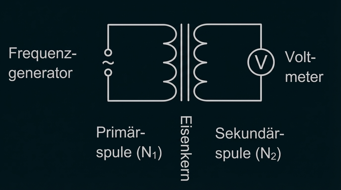 Schematische Darstellung eines Transformators mit Primär- und Sekundärspule, Eisenkern, Frequenzgenerator und Voltmeter.
